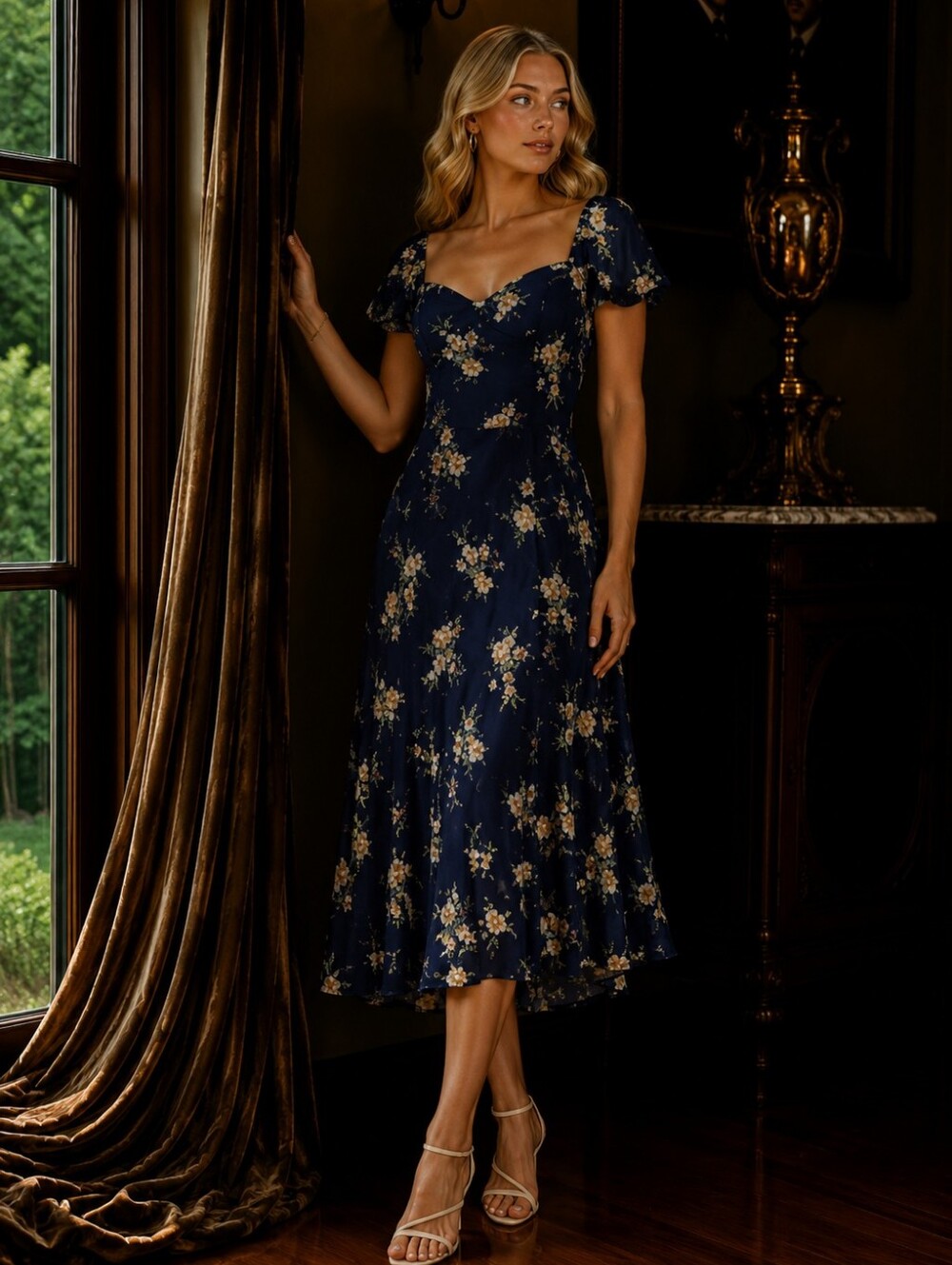 Reformation Midi Dress Navy Blue Small Floral 4 6 Small Spring Summer Flutter S - Picture 2 of 15